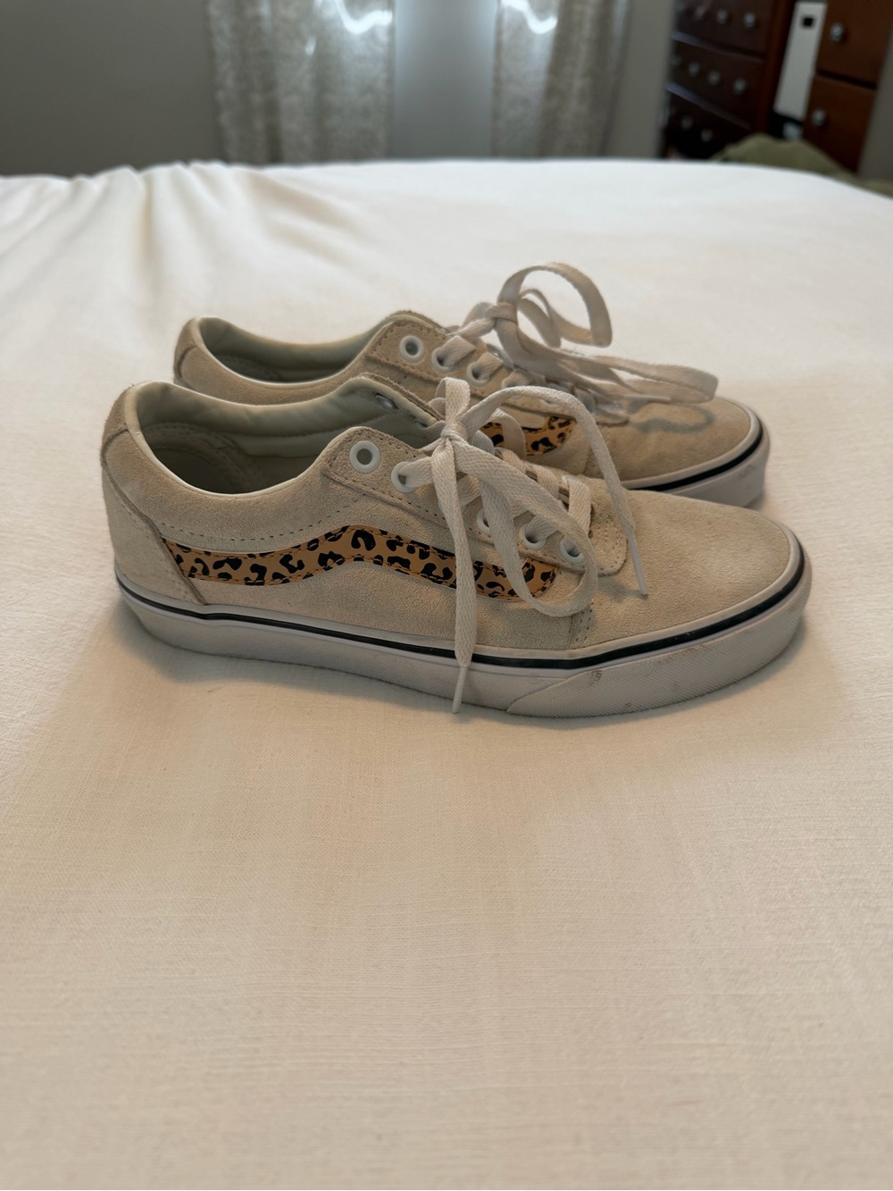 Beige Low-Top Vans with Leopard Accent